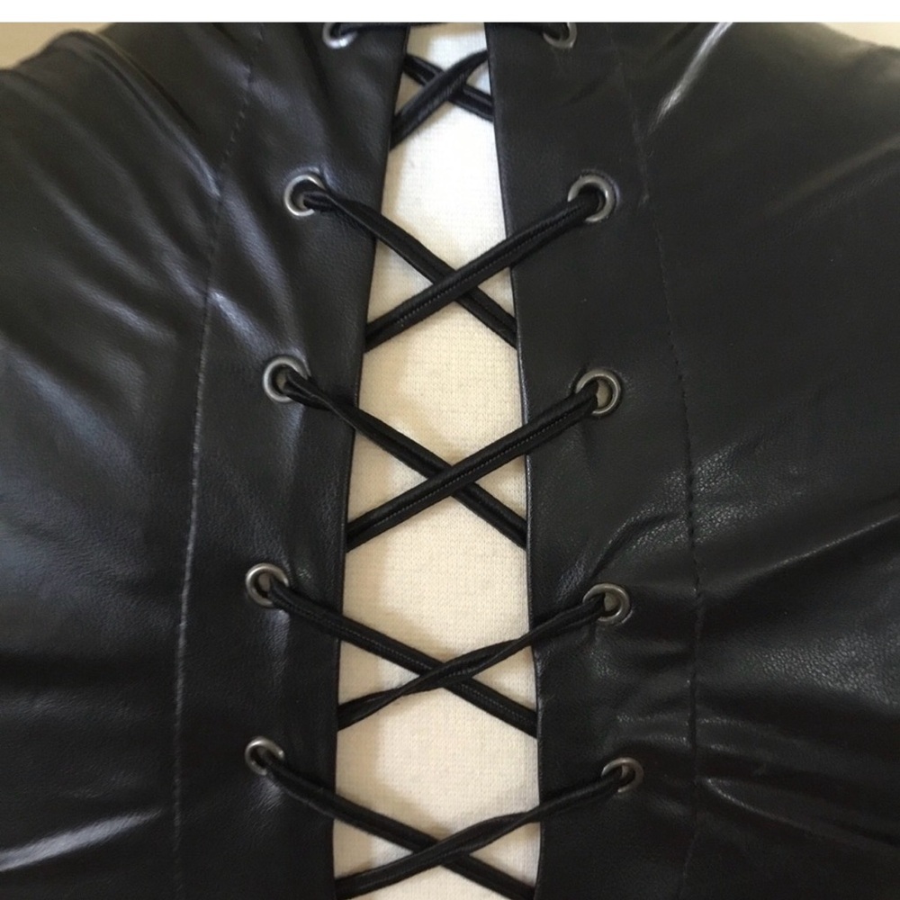 Vintage 80’s 90’s Frederick’s of Hollywood Pleather Back Lace Tie Fringe Jacket - Picture 13 of 14